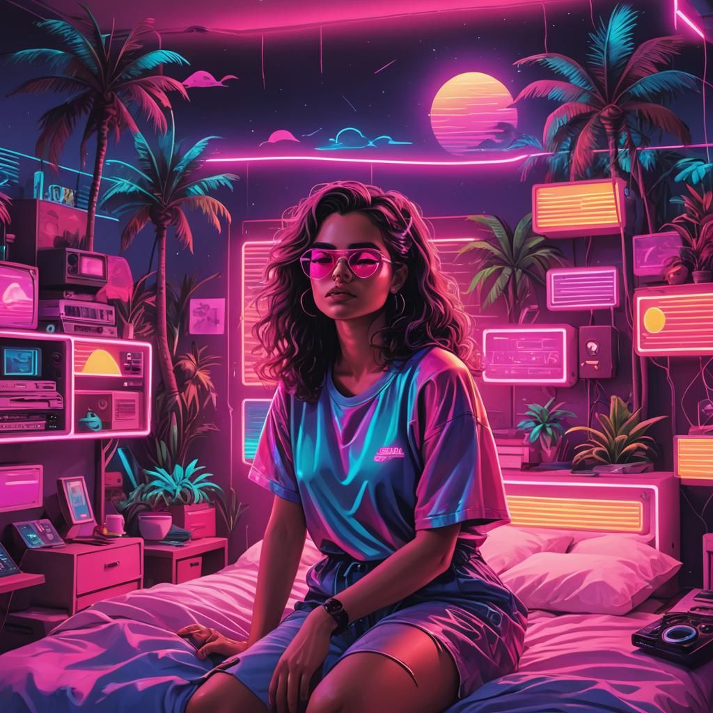 Synthwave Woman in Beach Room with Neon Lights