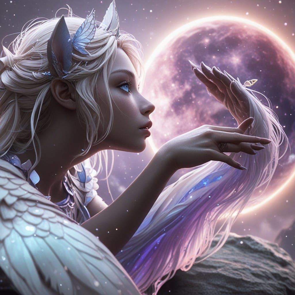 A Neko Mermaid Fairy Basks in the Soft Glow of a Moonlit Gal...