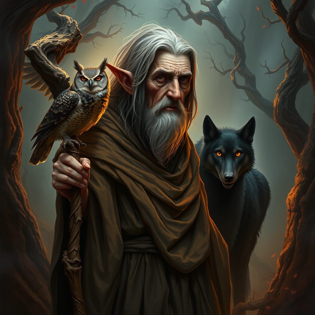 A Haunting Forest Crone with Owl and Wolf