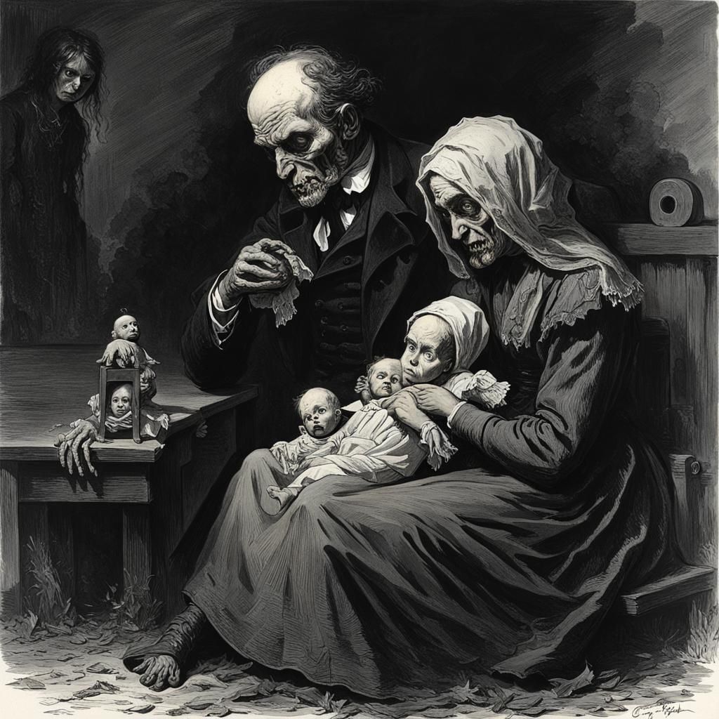 Horror creepy couple man and woman sitting with a baby doll in their hands