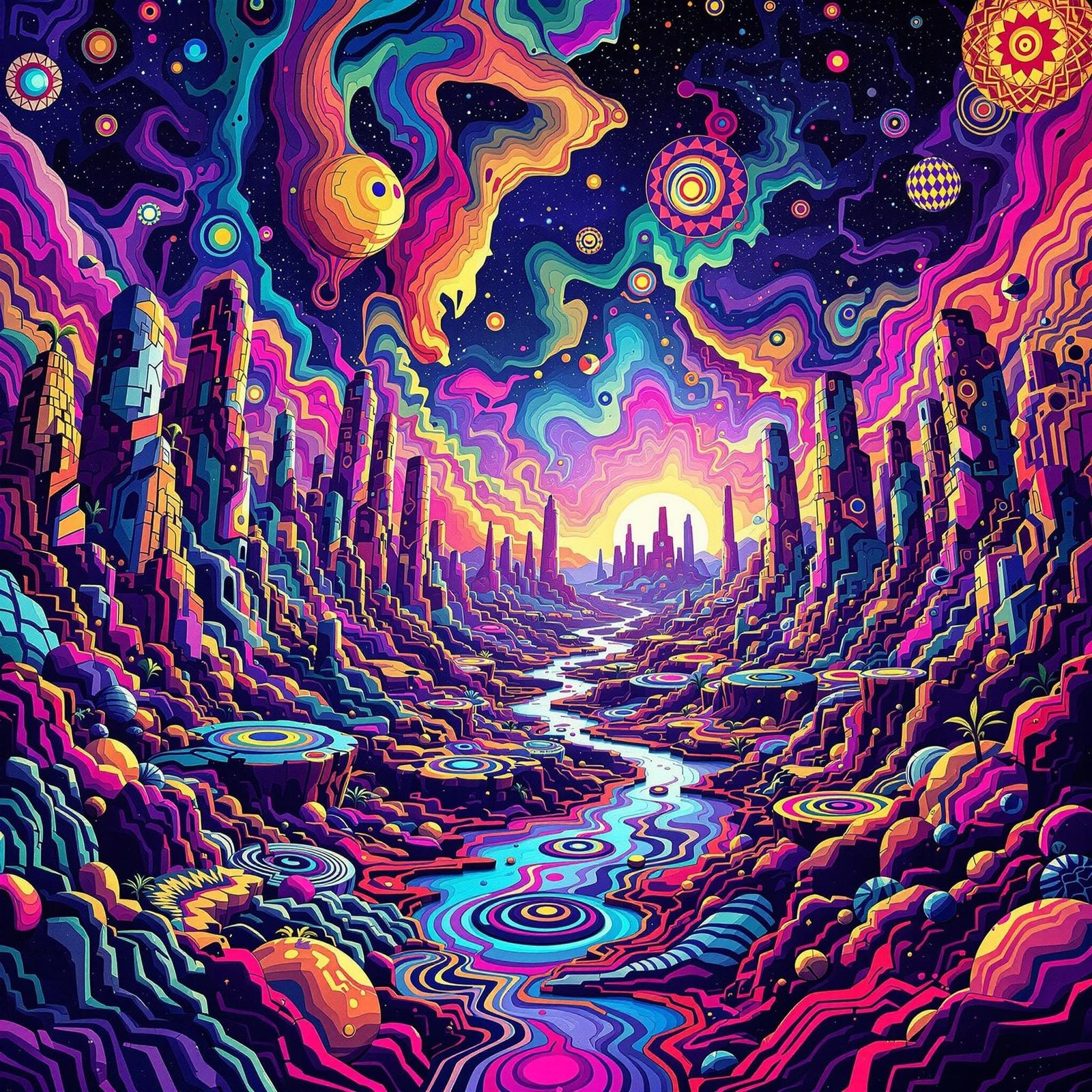 Psychedelic Geometric Landscape in Vibrant Colors