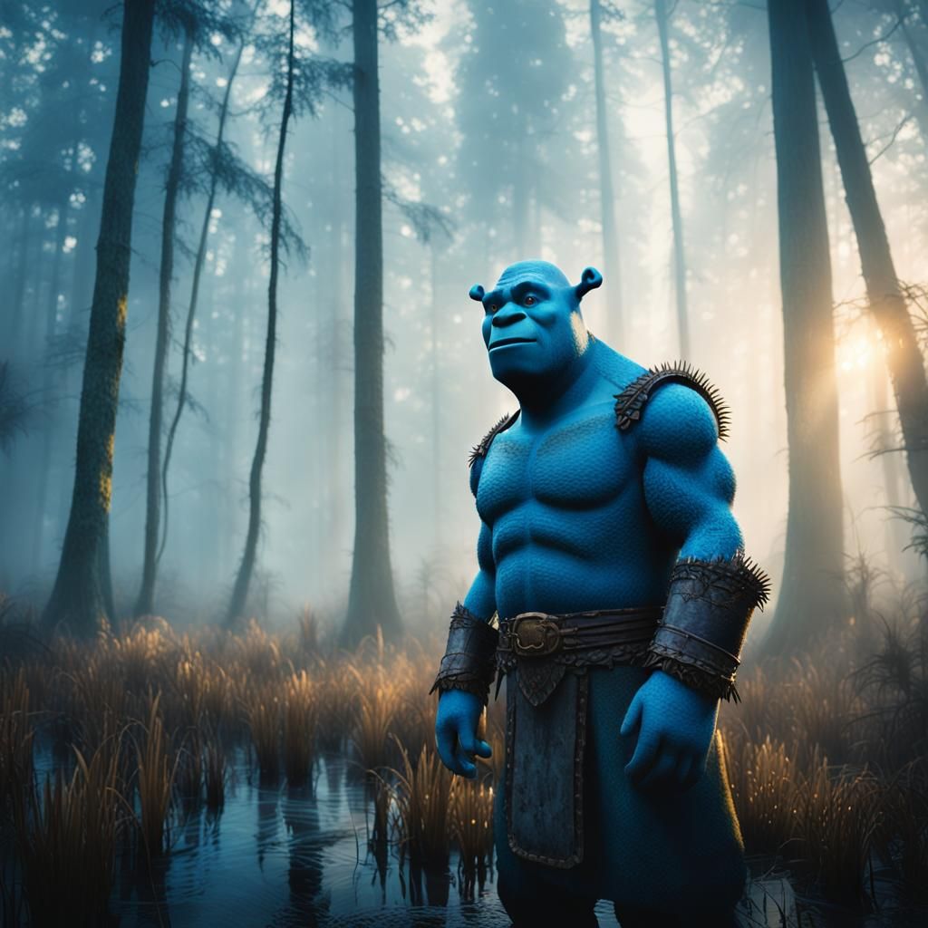 Blue Shrek in Misty Swamp: Cinematic Film Still