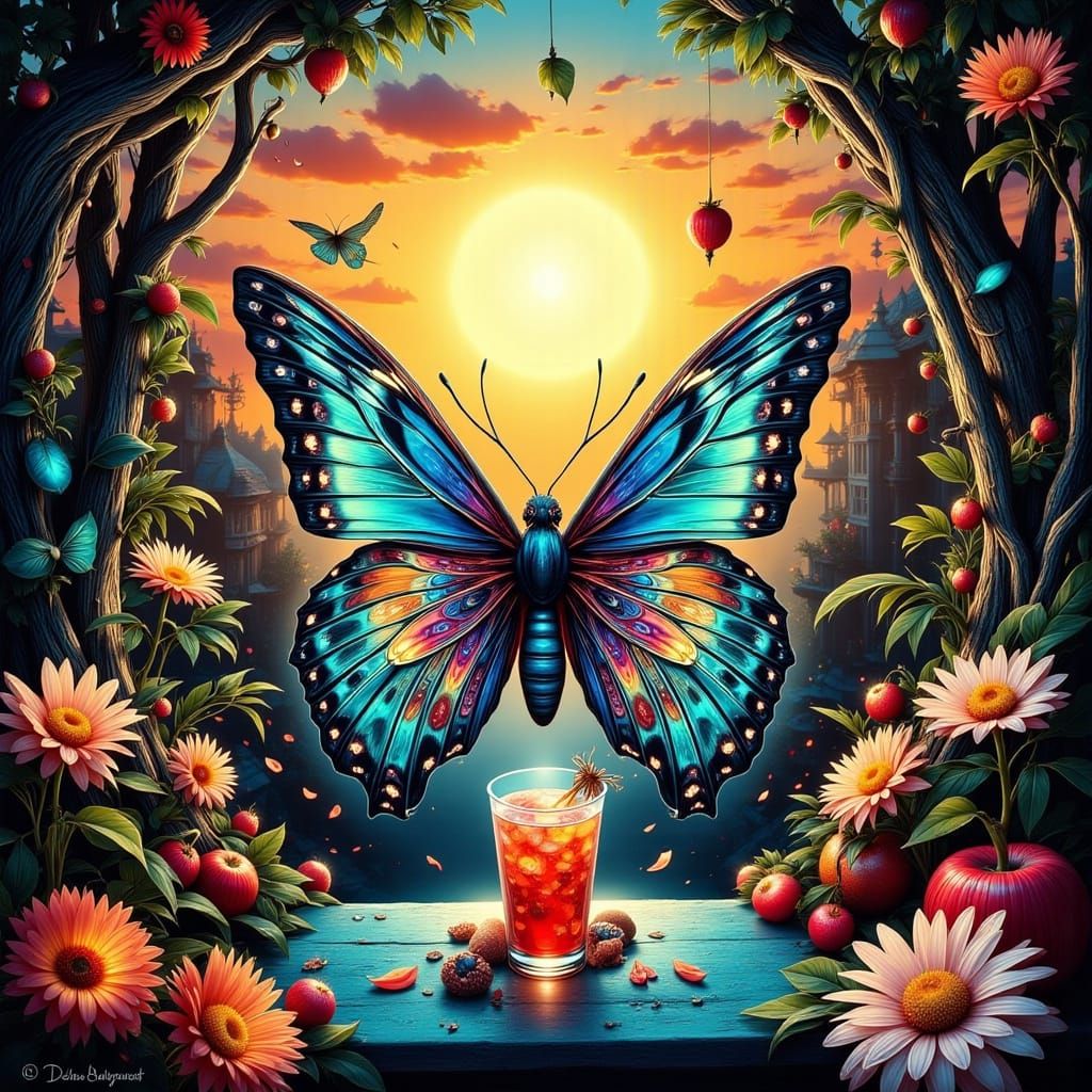 Majestic Butterfly in a Vibrant Tropical Oasis with Golden L...