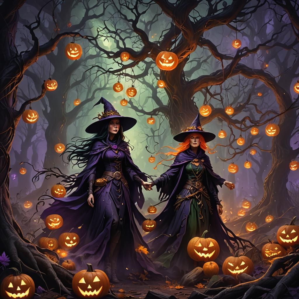 Mystical Witch in Forest of Lanterns: Fantasy Art