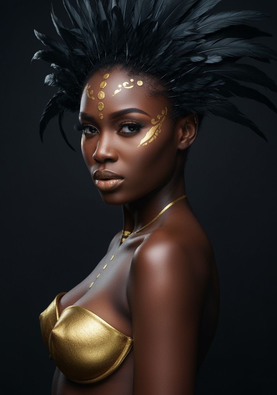 Striking Portrait of a Bird-Woman with Gold Details