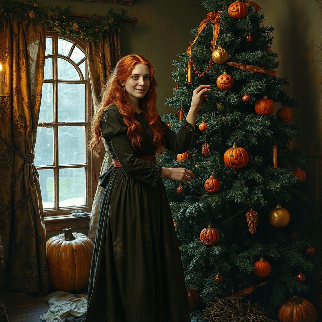 Redhead Tradwife Decorates Christmas Tree with Halloween Sty...