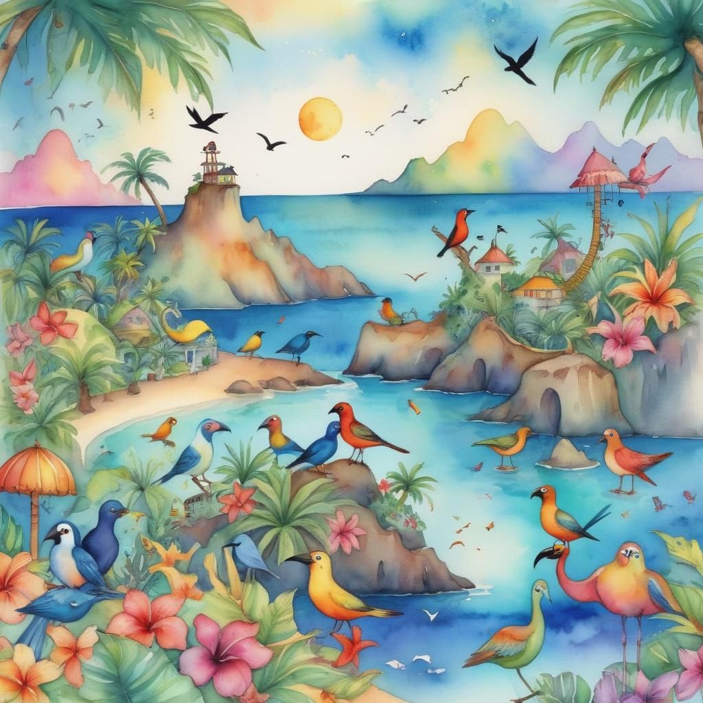 Tropical Island Serenade in Watercolour Cartoon Style