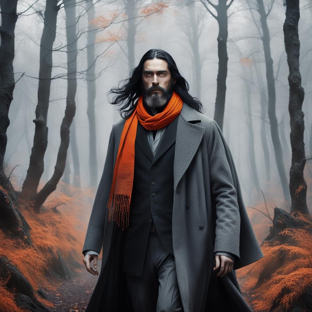 Resurrected Man with Orange Scarf in Misty Forest