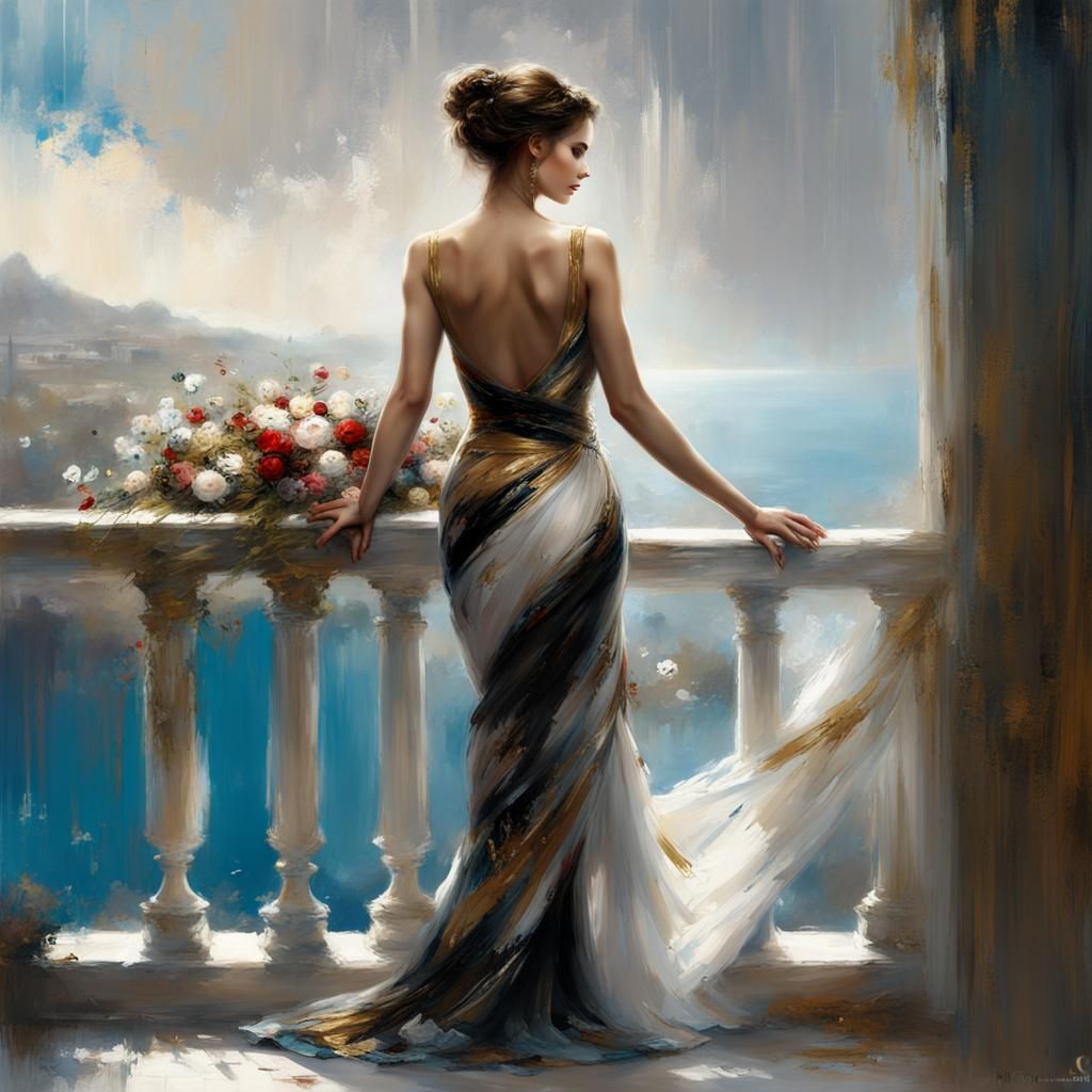 Woman on Balcony in Black and White, Fantasy Art