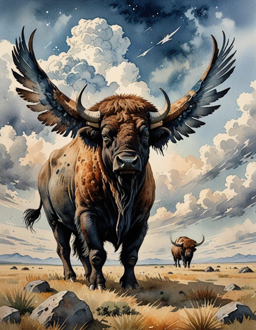 Buffalo with Wings Soaring in Watercolor Sky