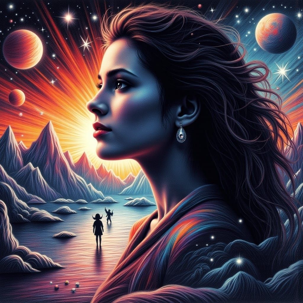 Surreal Double Exposure: Woman and Alien Landscape