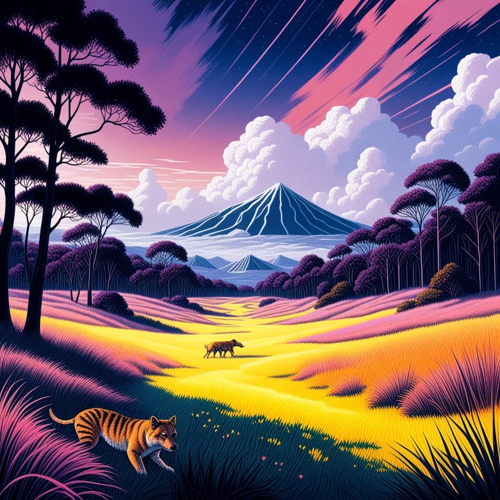 Whimsical Family of Tasmanian Tigers in a Dreamy, Synthwave...