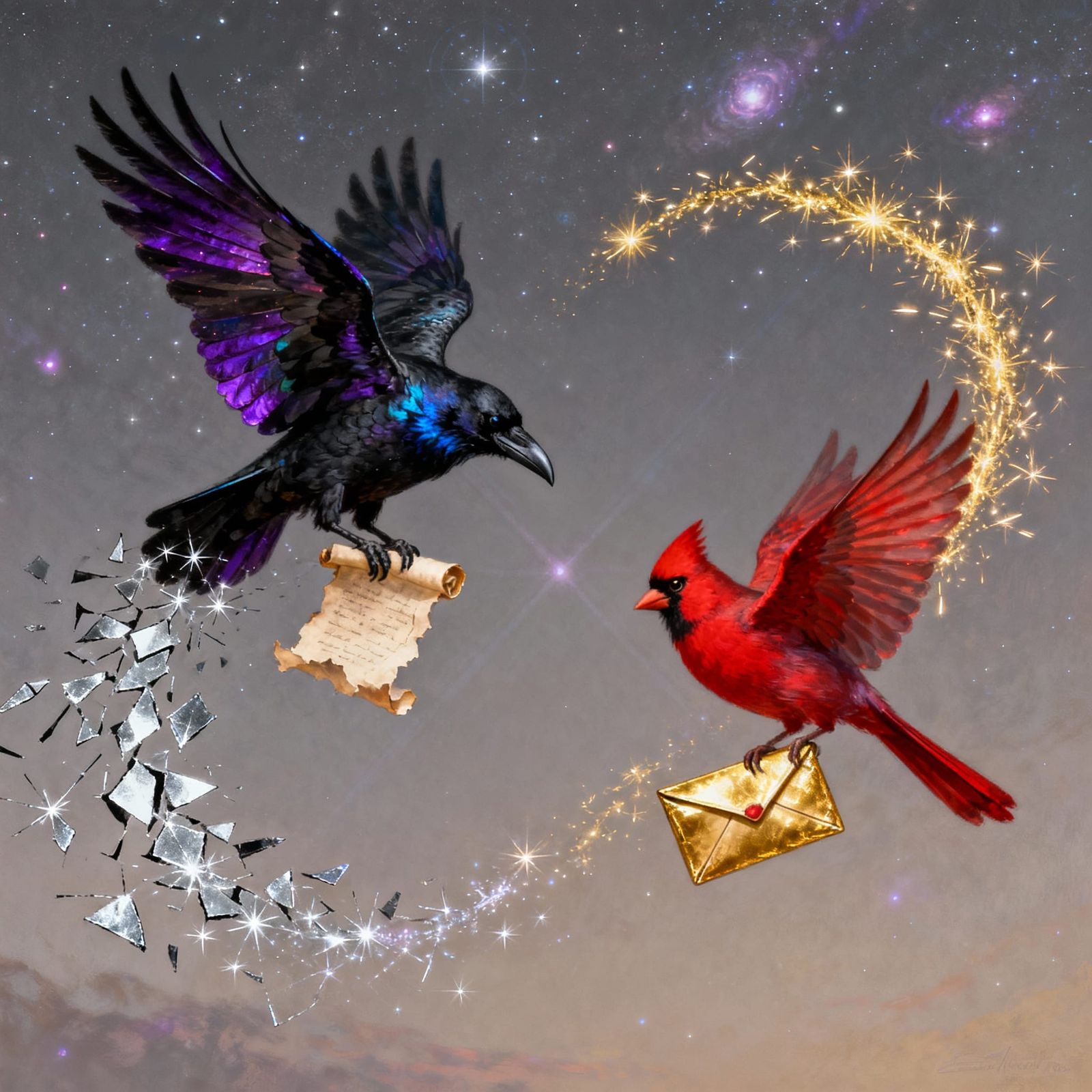 Cosmic Birds of Prey: Raven and Cardinal in Astral Flight