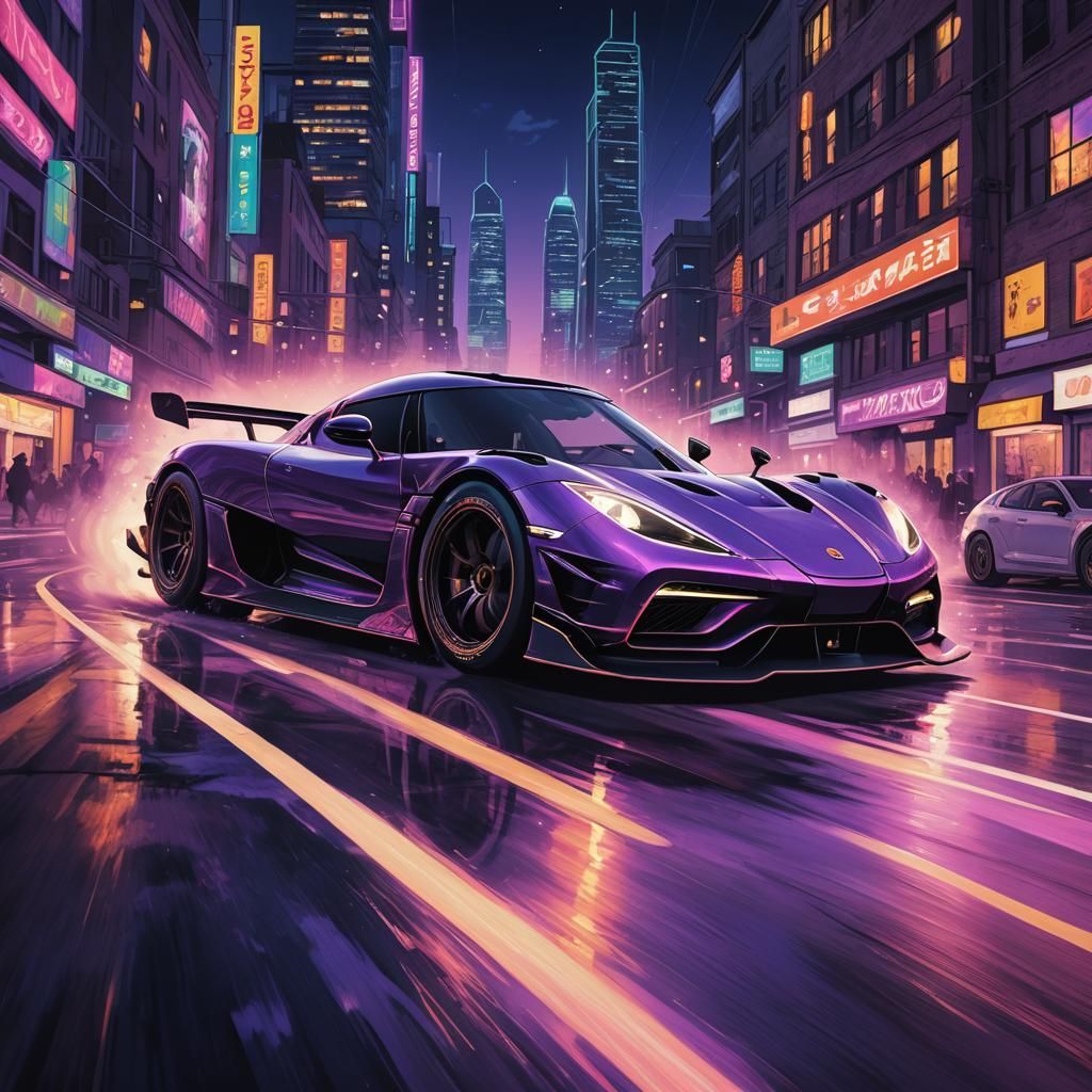 Koenigsegg Jesko Drifting: Comic Book Style Neon Cityscape