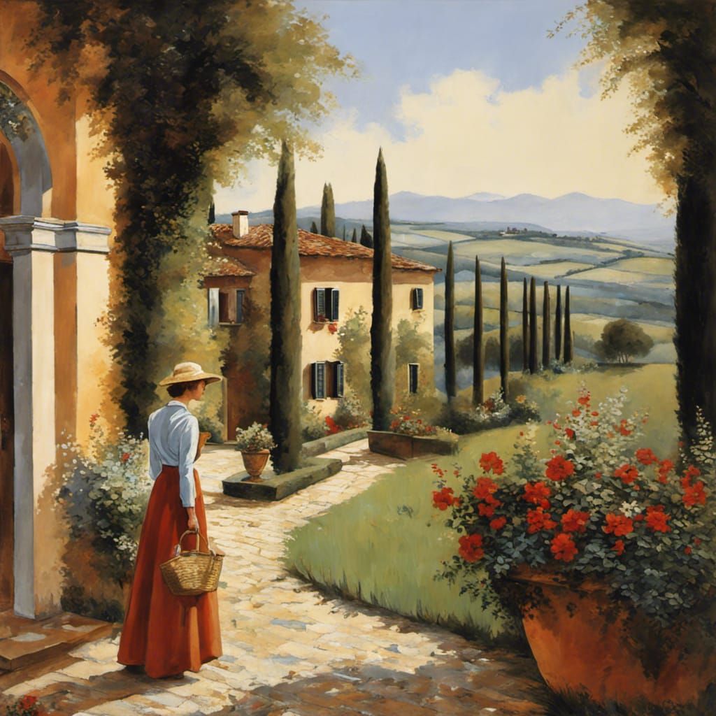 Italian Villa Countryside Scene in Landscape Art Style