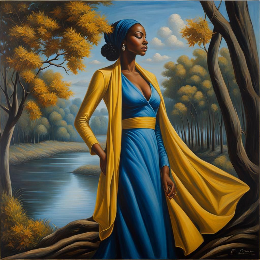 Proud Woman at Riverbank in Elongated Style