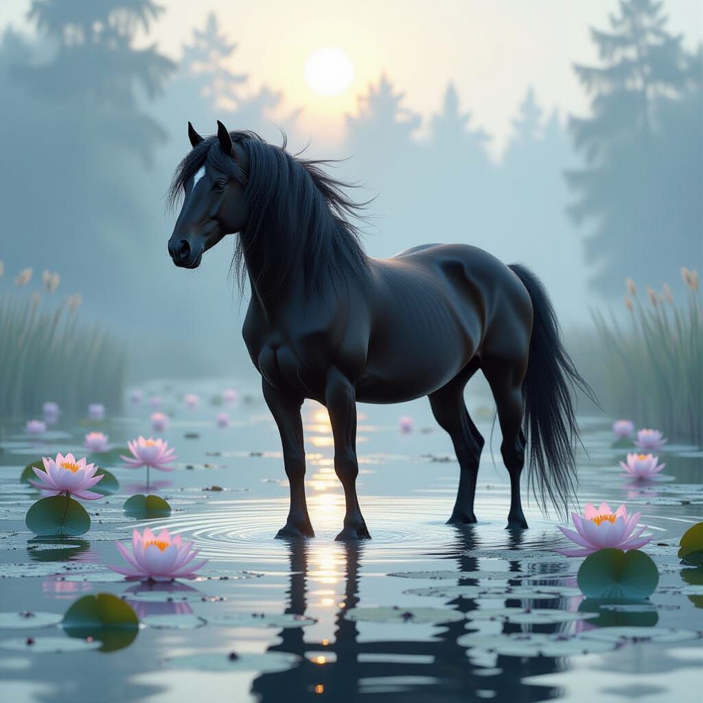 Ethereal Stallion Silhouette Among Water Lilies