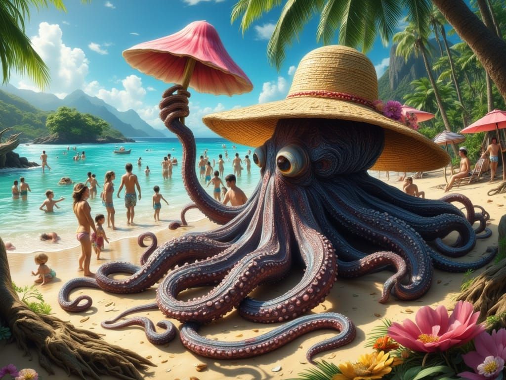 Giant Octopus Sunbathing on Beach with Mushroom Umbrella