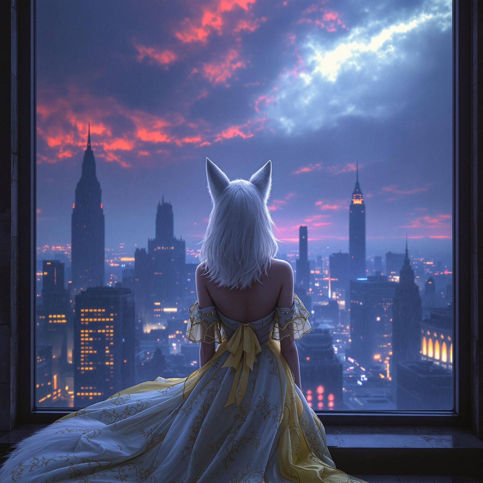 Ethereal Fox Girl in Futuristic Nightgown, Illuminated by Dy...