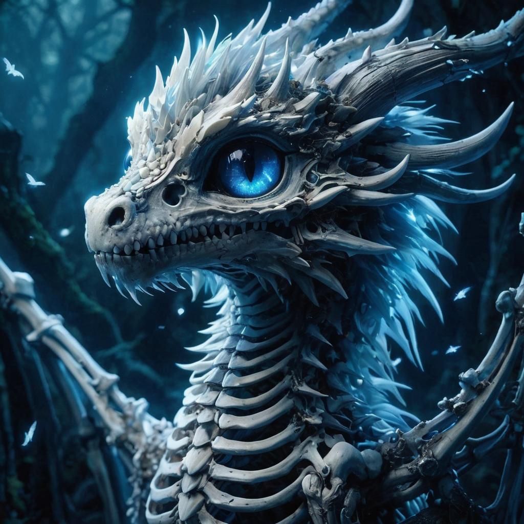 Ethereal Bone Dragon in Dark Forest, Anime Art