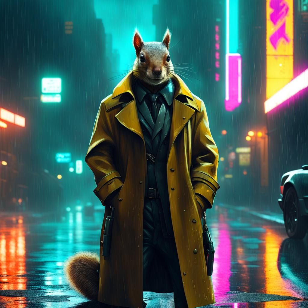 Squirrel Detective in Cyberpunk Cityscape