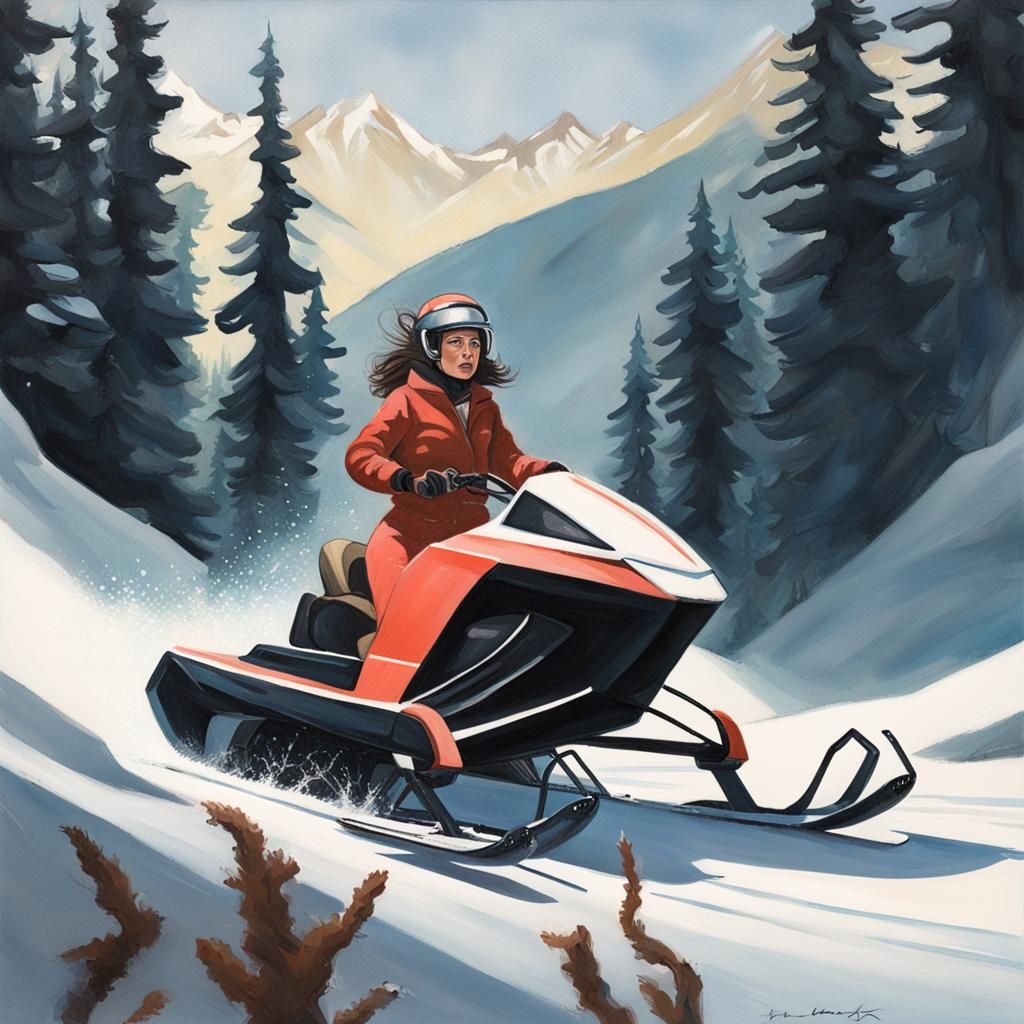Otter Woman Races Tesla Snowmobile, Gouache Painting