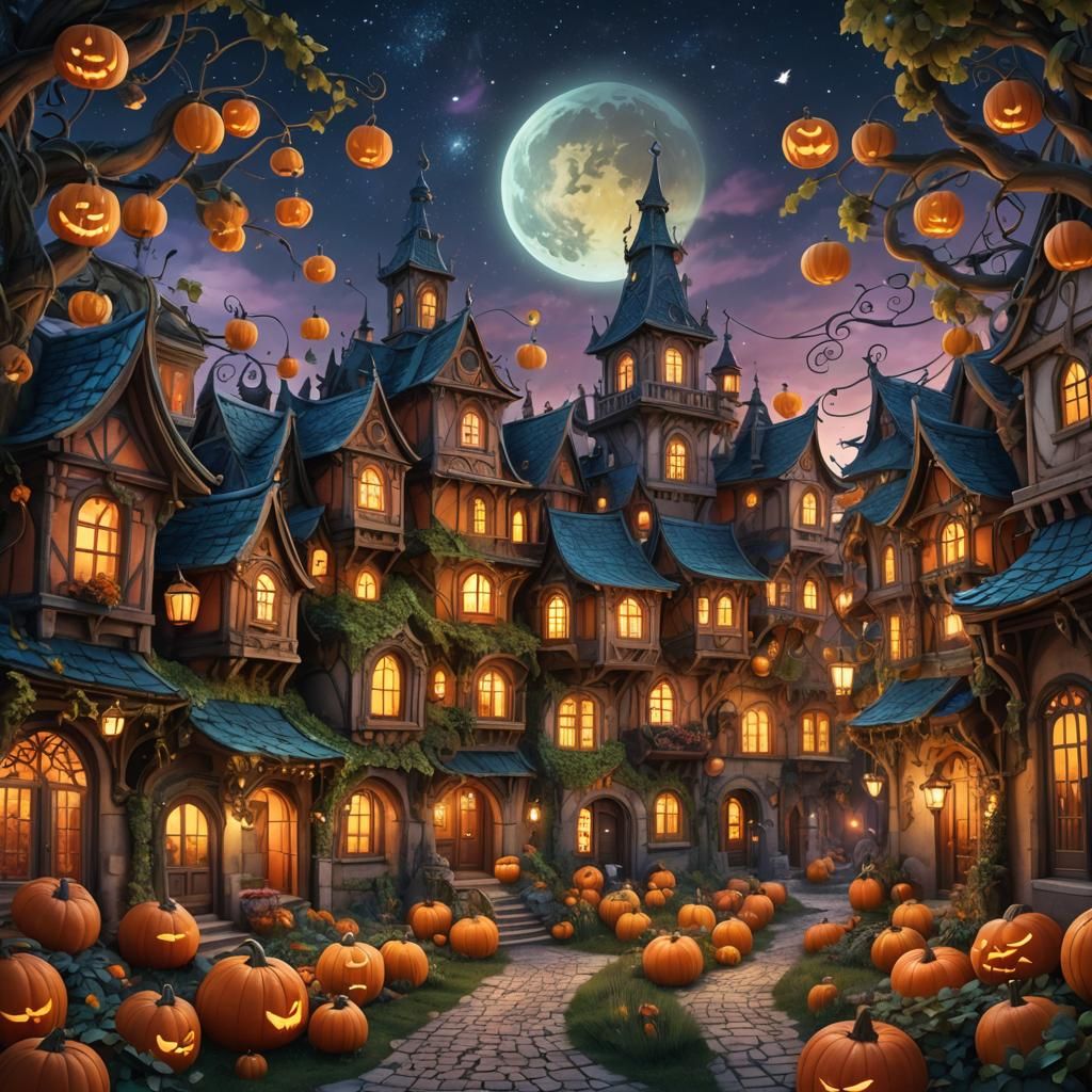 Pumpkin Town Fantasy Concept Art in Matte Painting Style