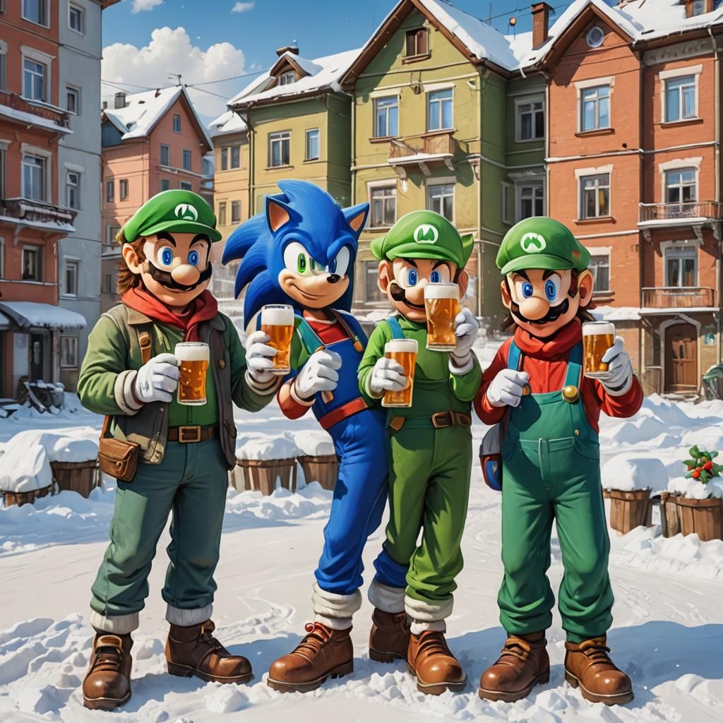 sonic, mario and luigi with glasses of beer in their hands, ...