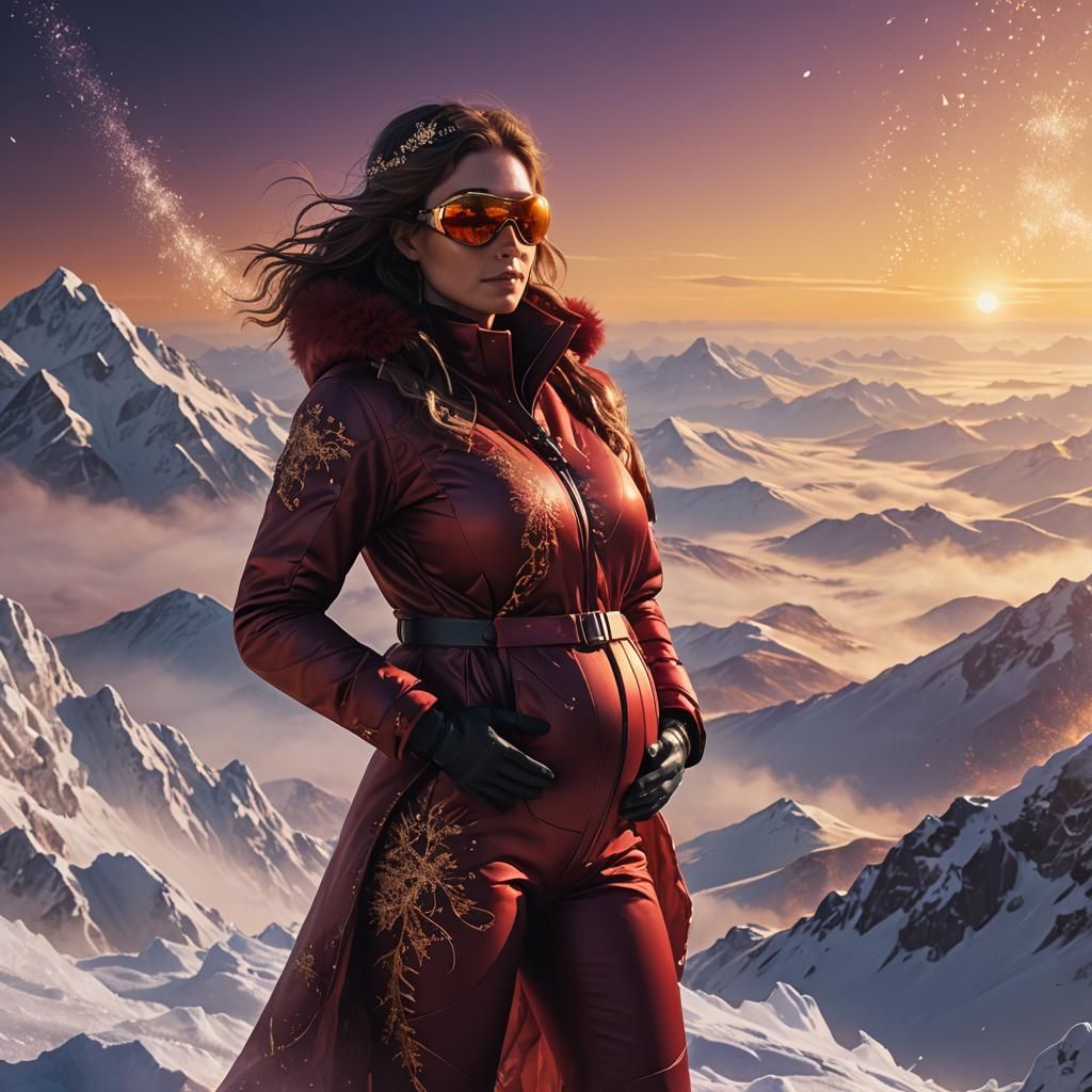 Pregnant Woman on Mountain Summit in Sci-Fi Style