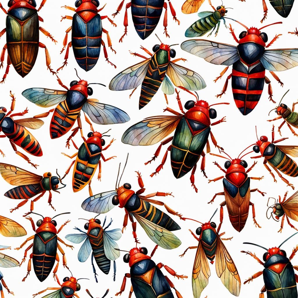 Red-Eyed Cicadas in Watercolor Style