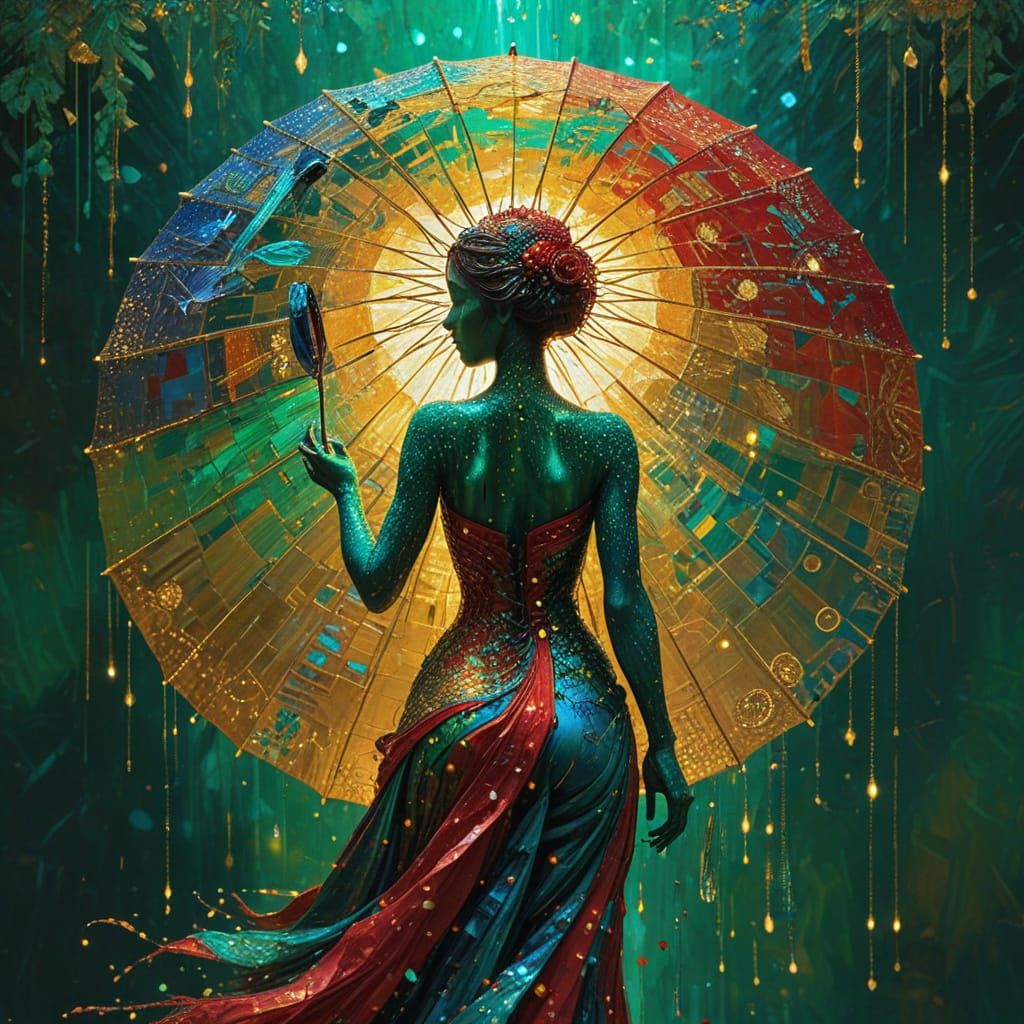 Klimt-Inspired Silhouette Holding a Radiant Umbrella