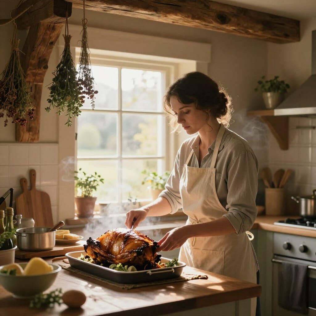 Serene Country Kitchen with Herbs and Woman Preparing Food