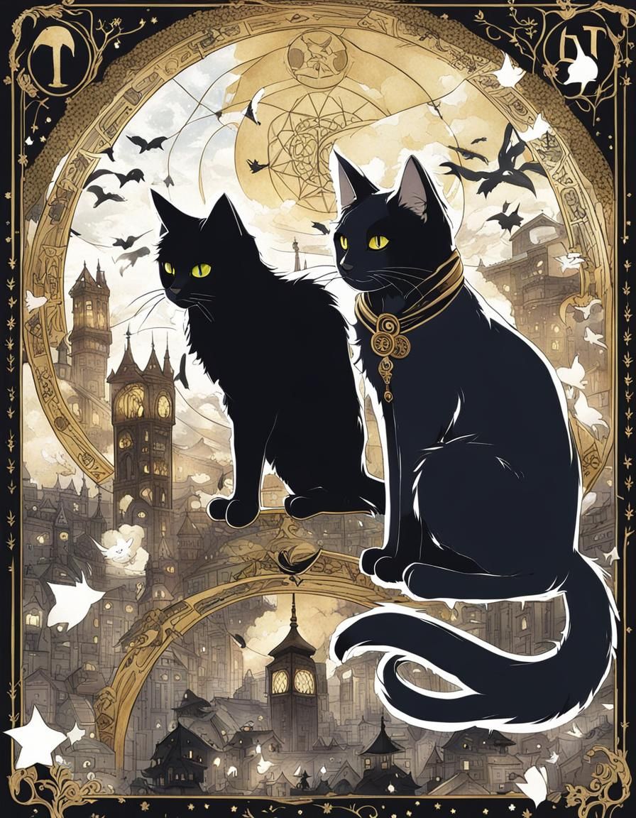 Black and White Cats on Tarot Card in Anime Style
