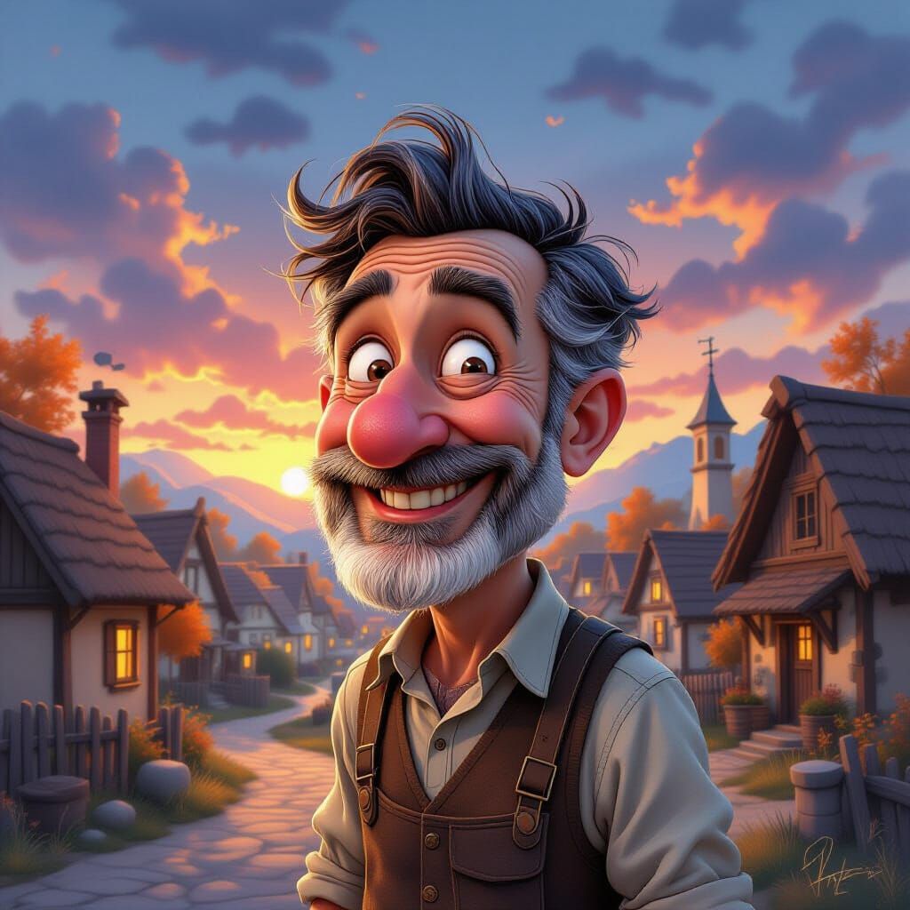 Joyful Autumn Village Caricature in Mixed Media