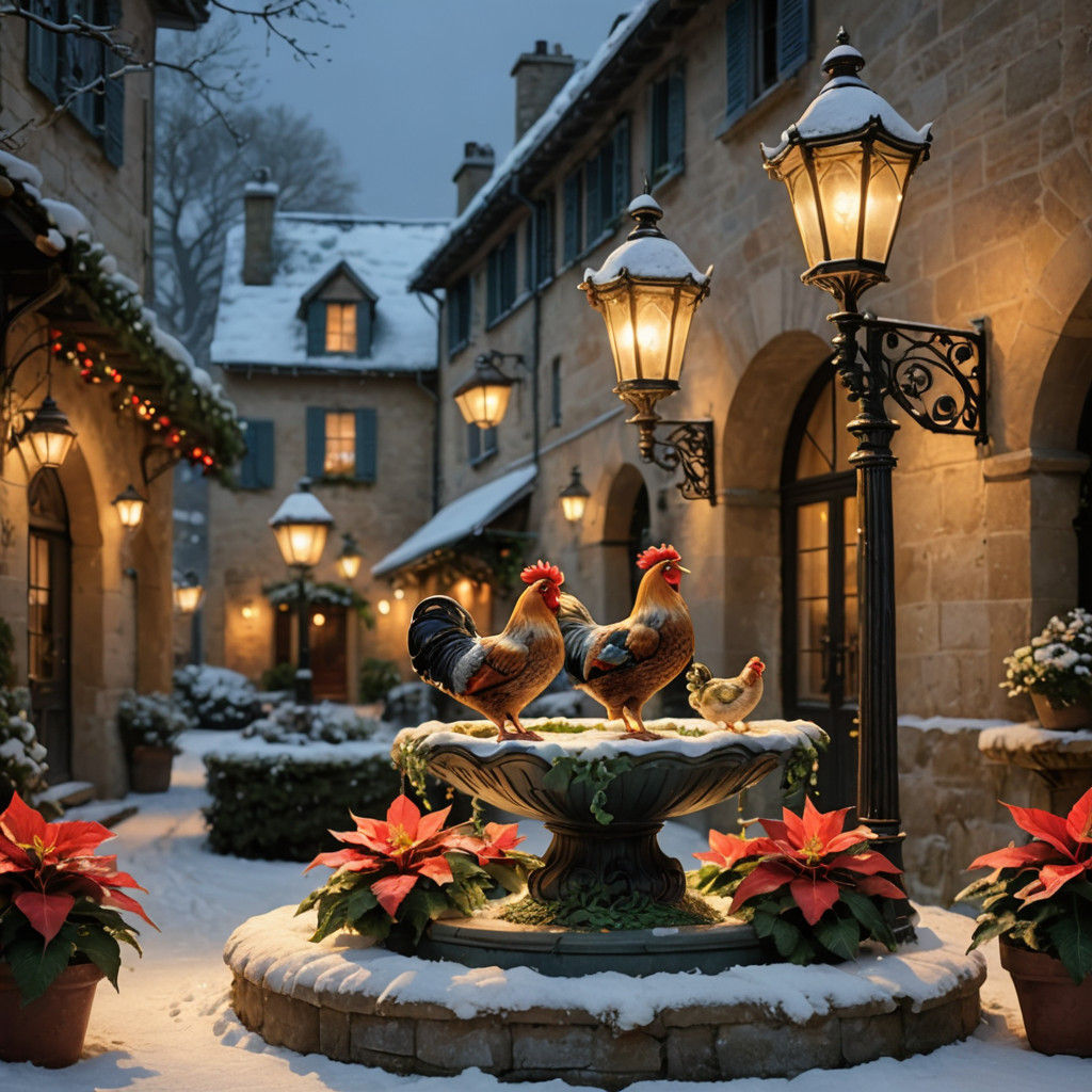 A Traditional Christmas Scene with Three French Hens