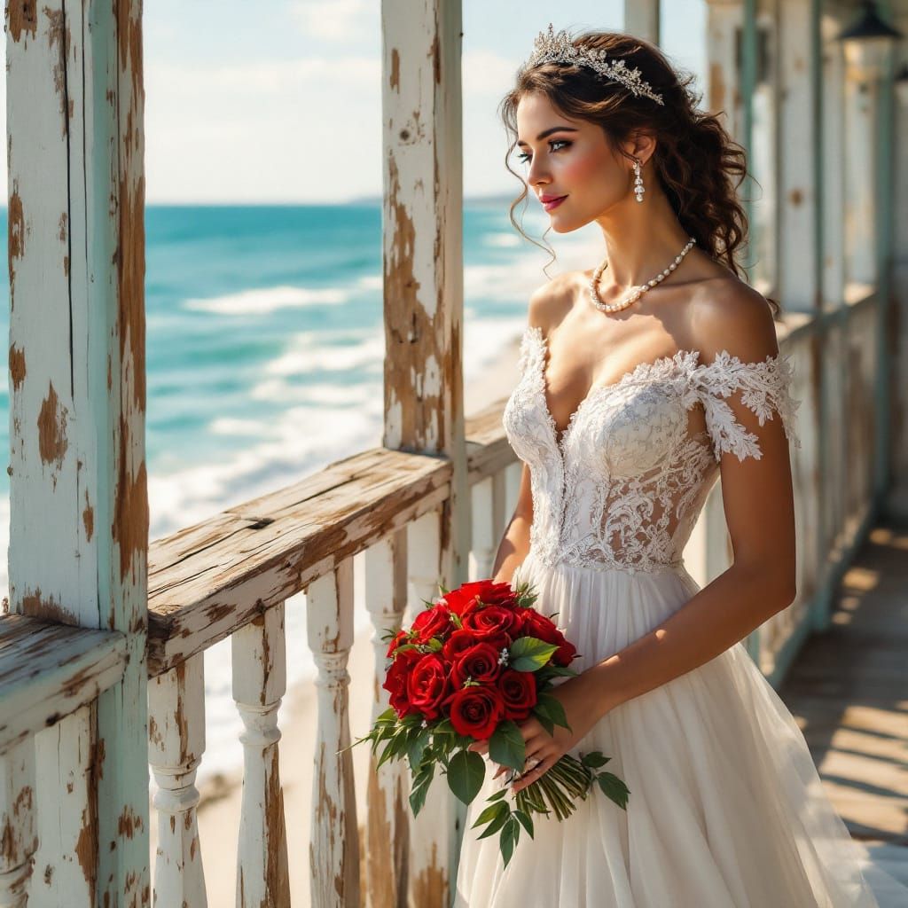 Elegant Bride on Beach House Balcony