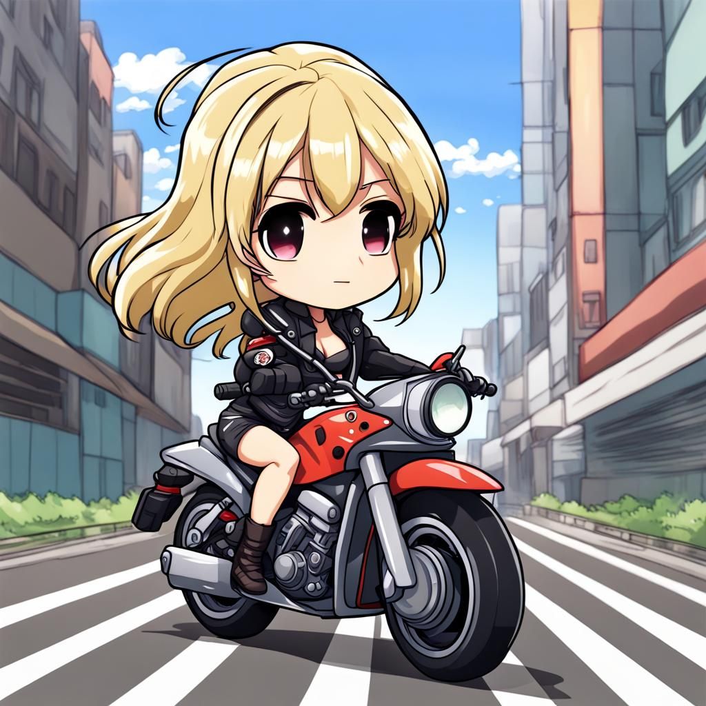 Blonde Anime Girl on Motorbike in Chibi Style