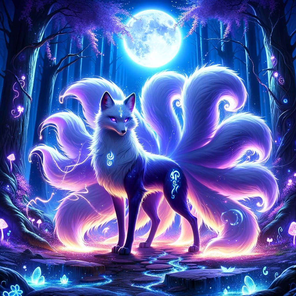 Majestic Nine-Tailed Fox Spirit Under a Full Moon
