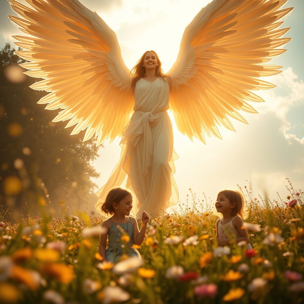 Archangel Ariel Guards Children in Ethereal Meadow