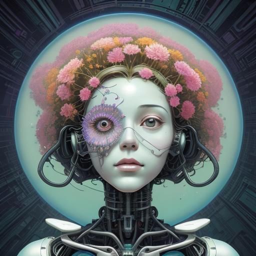 Surreal Robot Woman Portrait in Psychedelic Style