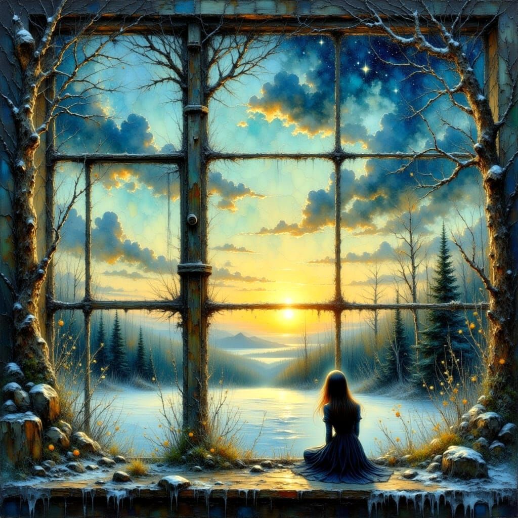 Sunrise Frosty Window with Melancholy Goodbye