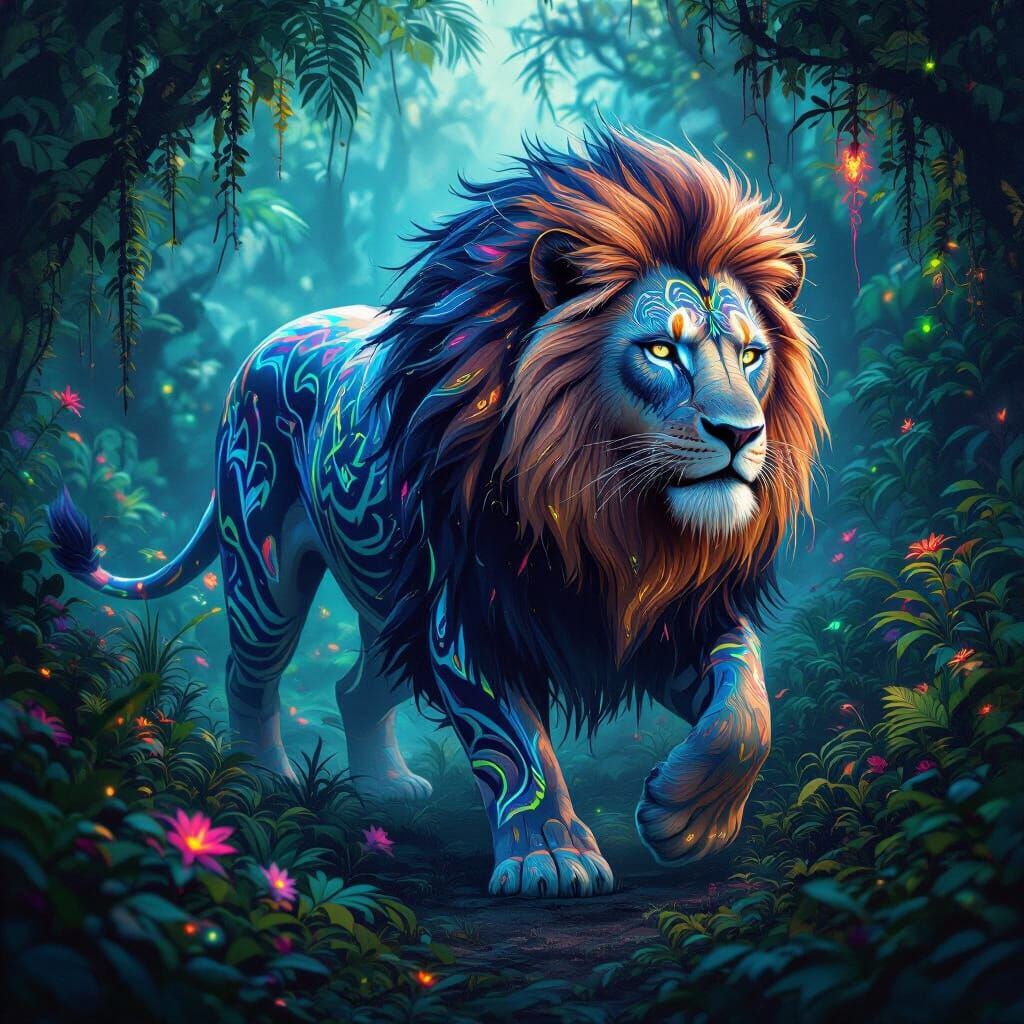 Bioluminescent Lion in Alien Jungle, Digital Painting