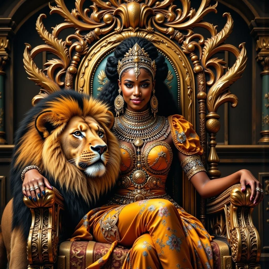Regally Dressed African Queen in Gold and Precious Gems