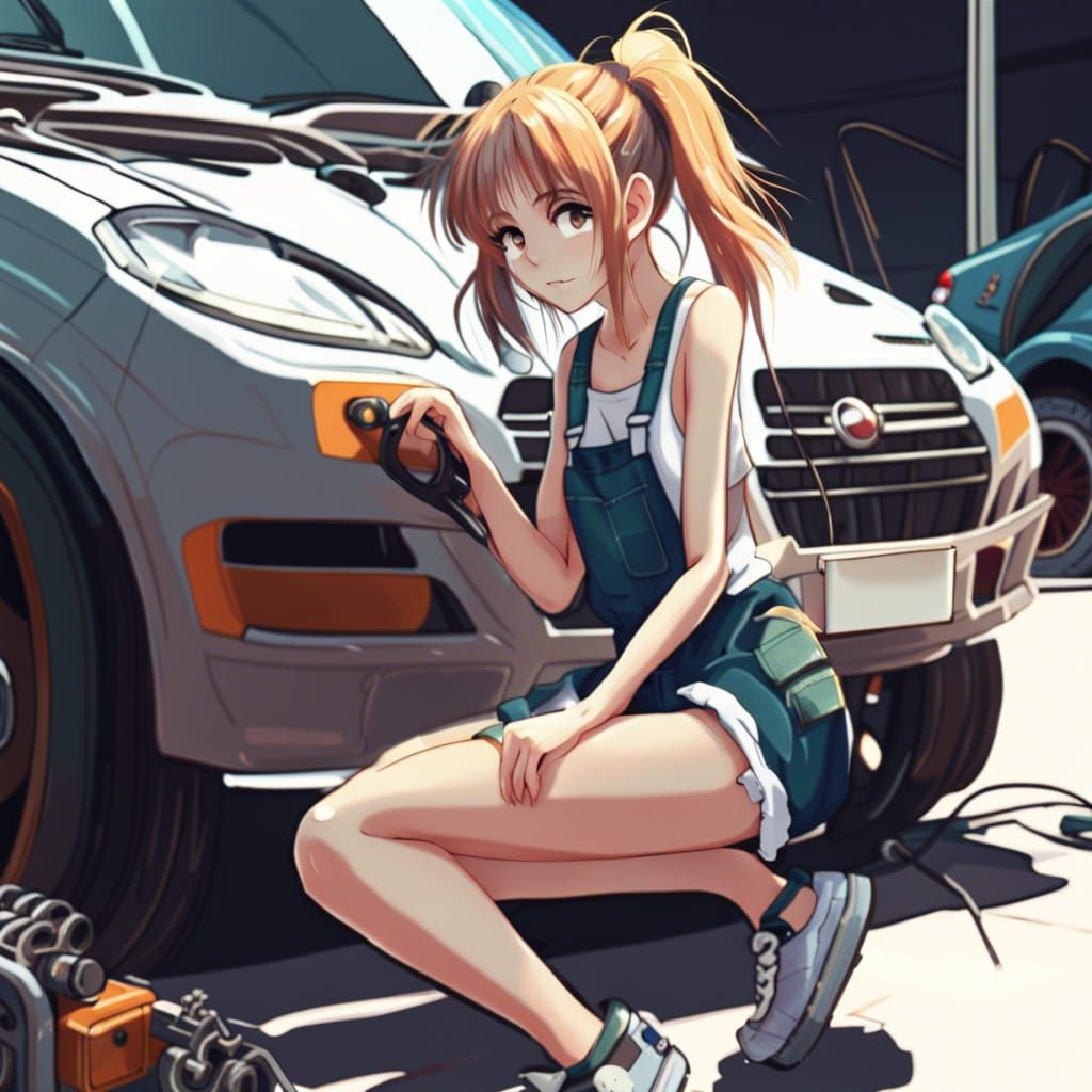 Anime Girl Mechanic Working on Car