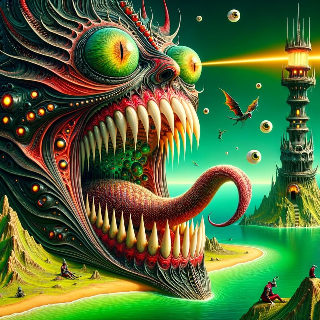 Surreal Lighthouse Jester & Cat-Dragon Entity