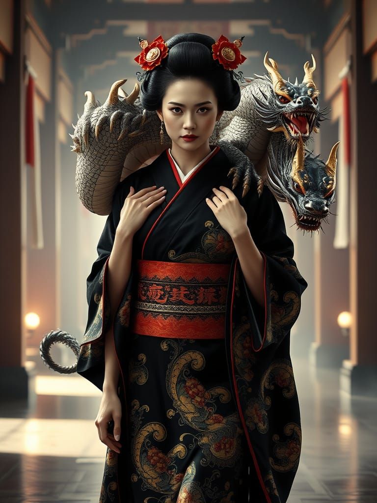 Serenity and Majesty: A Geisha and Dragon in Ancient Japan