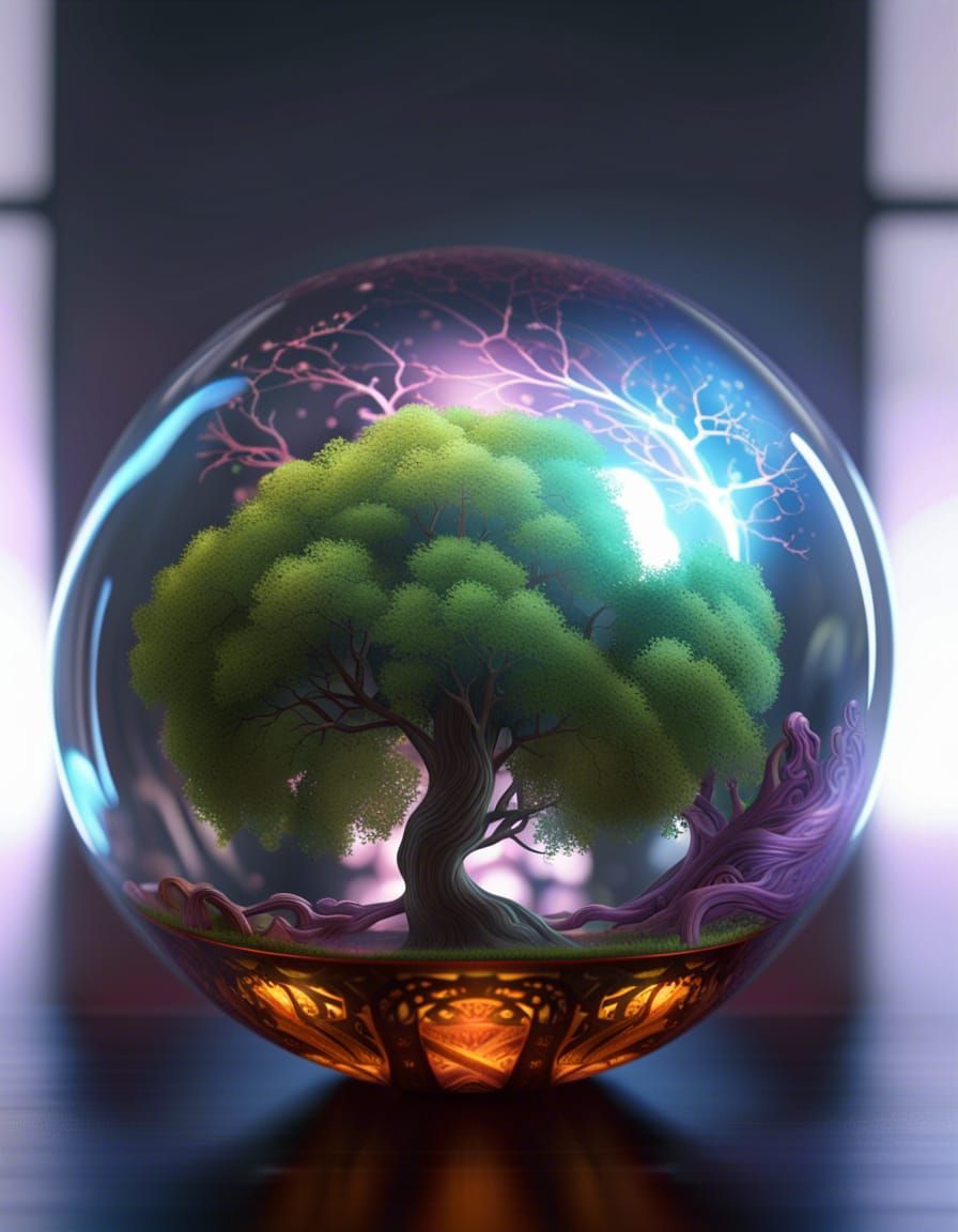 Tree of Life in Glass Ball, Dark Fantasy Art