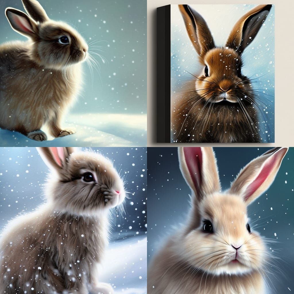 Cute Bunny in Winter Landscape Oil Painting