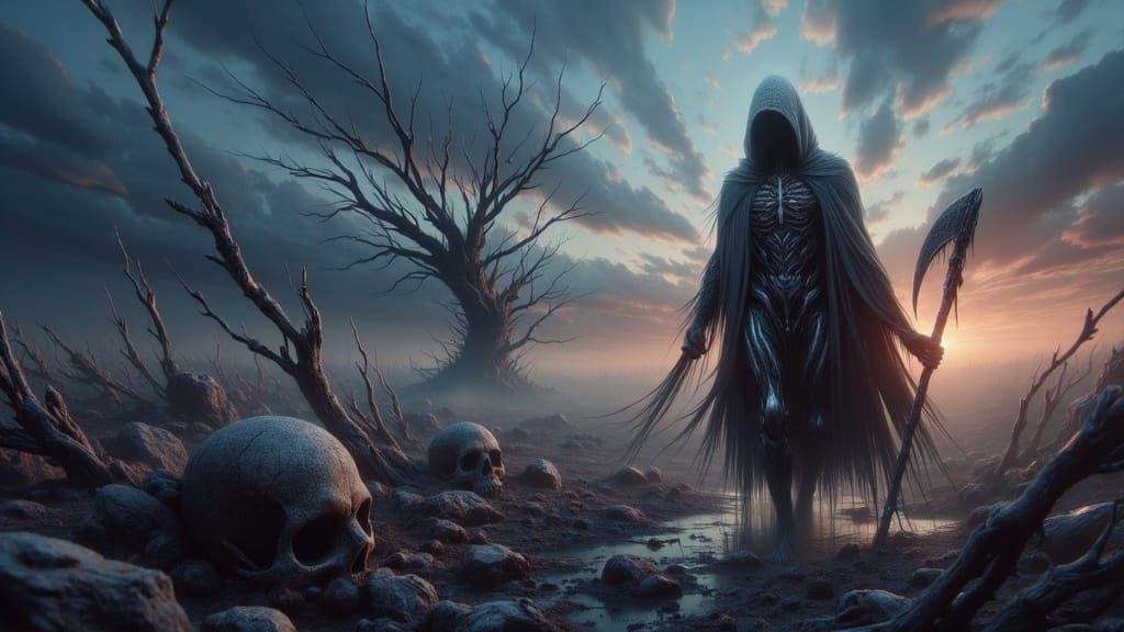 Mysterious, Hooded Figure Walks Through Desolate, Barren Lan...