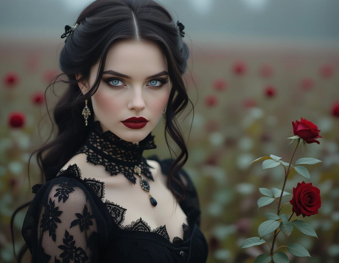 Gothic Woman in Withered Rose Field: Photographic Portrait